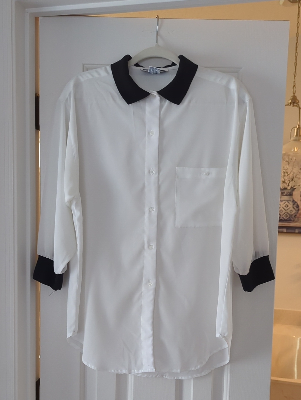 Classic White Button-Up Shirt with Black Collar and Cuffs